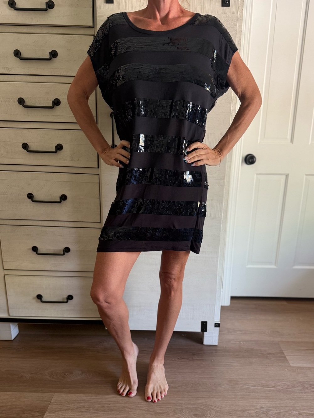 Michael Kors Black Sequin Stripe Short Sleeve T-shirt Dress